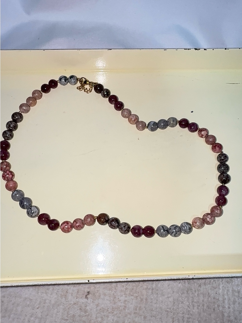 Natural Cherry, Snowflake, & Picture Jasper Stainless Steel Beaded Necklace